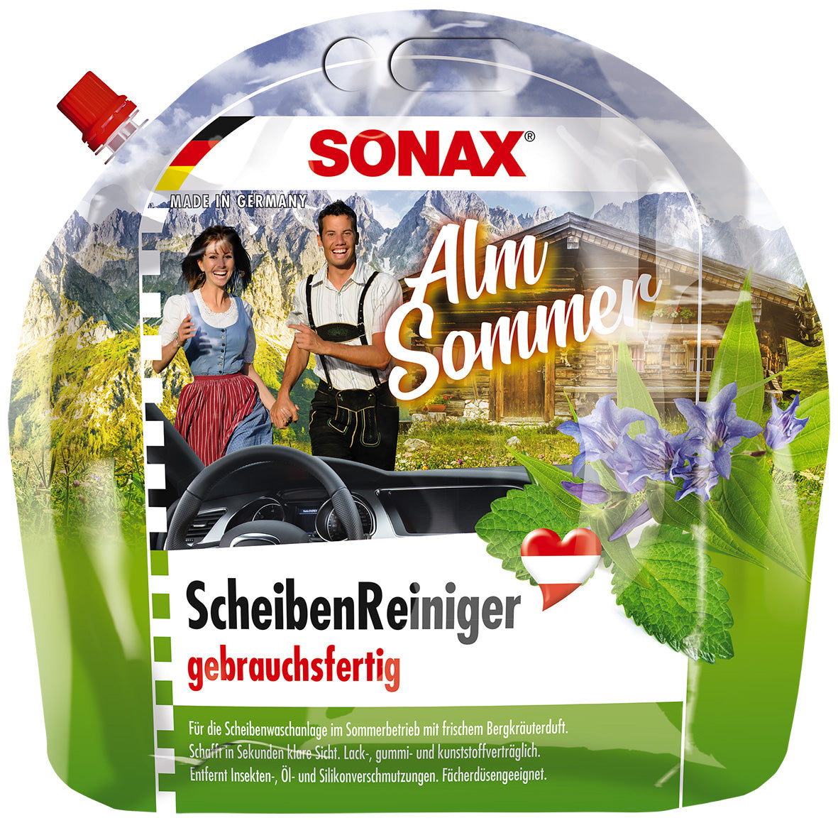 SONAX ALM SOMMER Bergkräuterduft ScheibenReiniger Sommer gebrauchsfertig 3L Standbodenbeutel