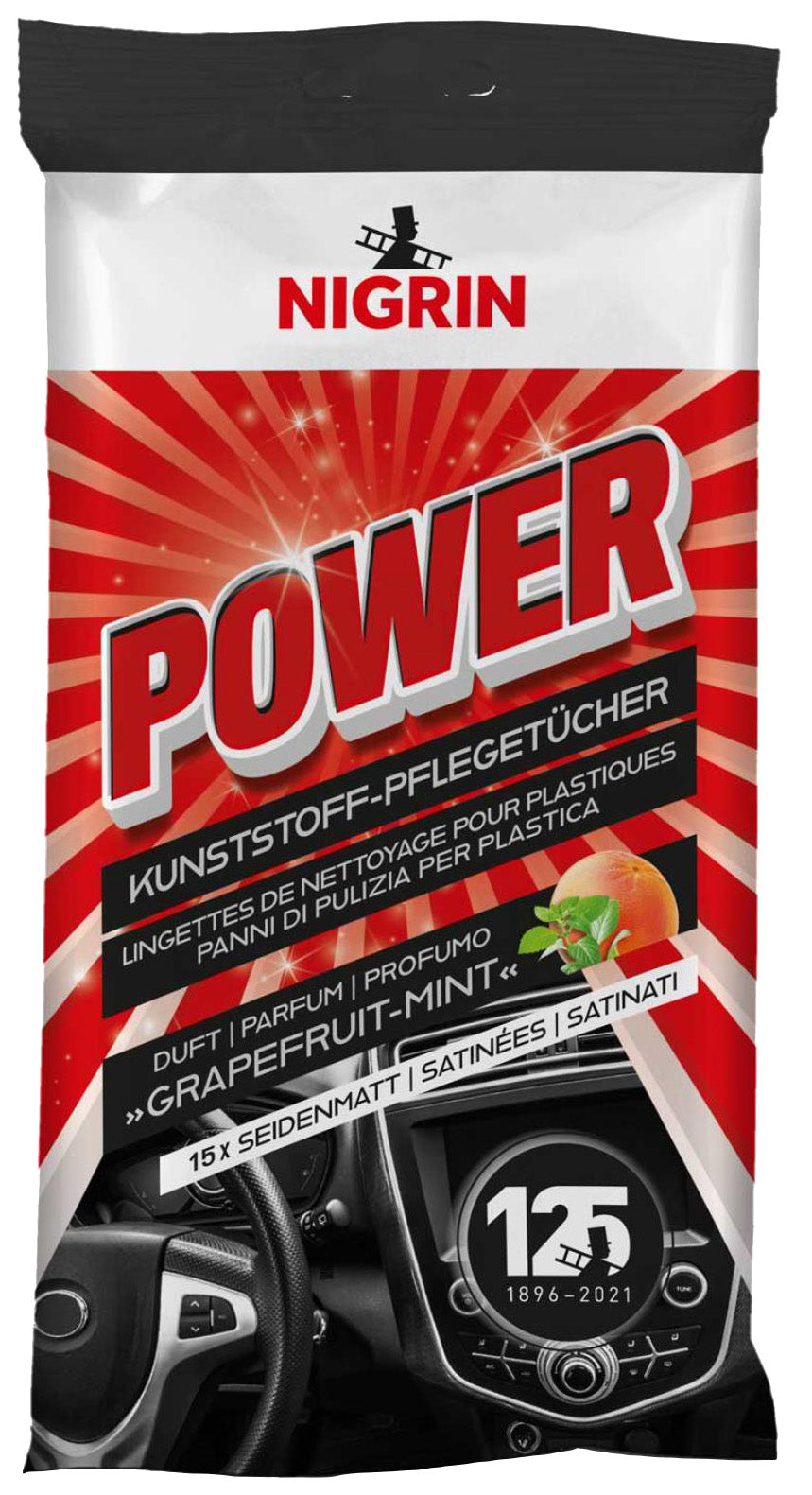 NIGRIN POWER Kunststoff-Reinigungstücher Seidenmatt mit Grapefruit Minze-Duft 15 Stk.