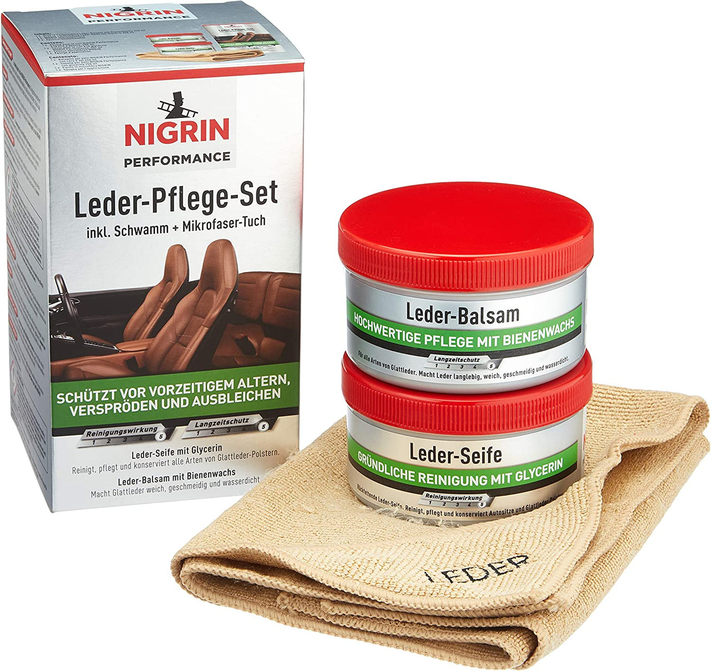 Nigrin Performance Leder-Pflege-Set 3tlg. mit Leder-Seife, -Balsam und Lederlappen