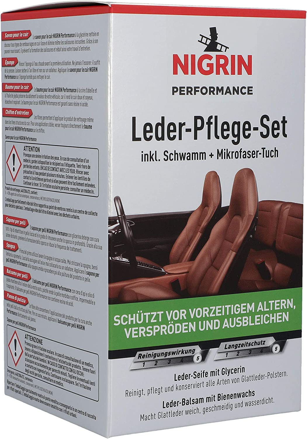 Nigrin Performance Leder-Pflege-Set 3tlg. mit Leder-Seife, -Balsam und Lederlappen