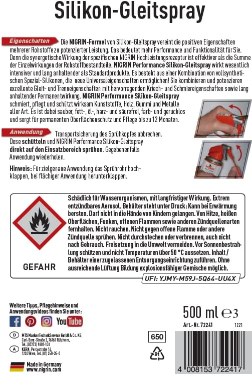 Nigrin Performance Silikon-Gleitspray kunststoffverträglich 500ml Spraydose mit integriertem Präzisions-Sprühkopf