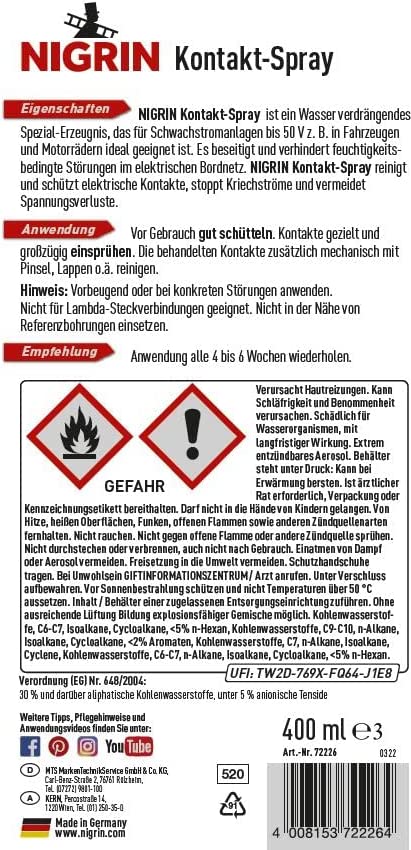 Nigrin Kontakt-Spray in 400ml Sprühdose (Reinigung und Schutz von elektronischen Kontakten)
