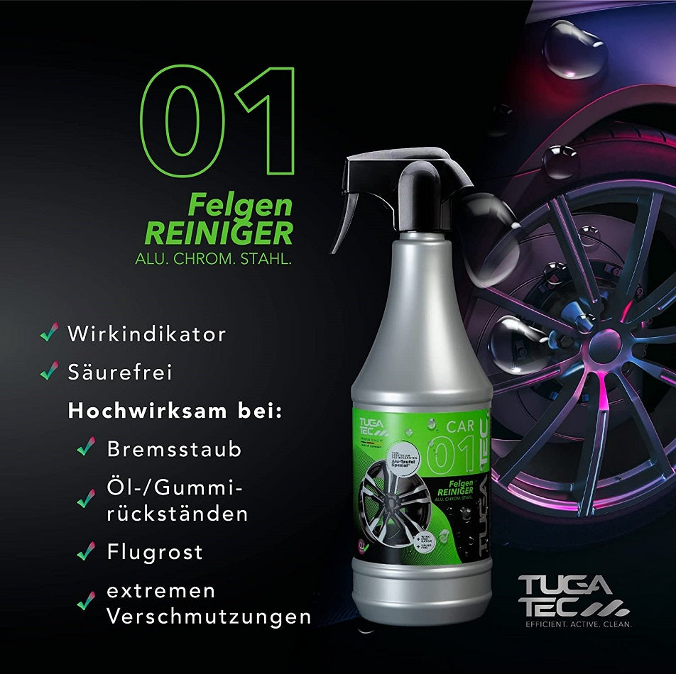 Tuga Tec Felgenreiniger Car 01 für Alu, Chrom und Stahl Säurefrei mit Wirkindikator 1000ml Sprühflasche