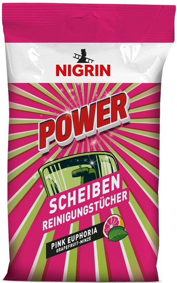 Nigrin POWER Kunststoffpflege-Tücher Pink Euphoria (Grapefruit-Minze-Duft) je 20 Tücher im wiederverschließbaren Flatpack im 20er T-Dsp.
