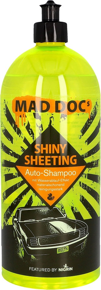 Nigrin MAD DOC Shiny Sheeting Auto-Shampoo 1000ml Rundflasche leistungsstark, materialschonend & langanhaltender Wasserablauf-Effekt