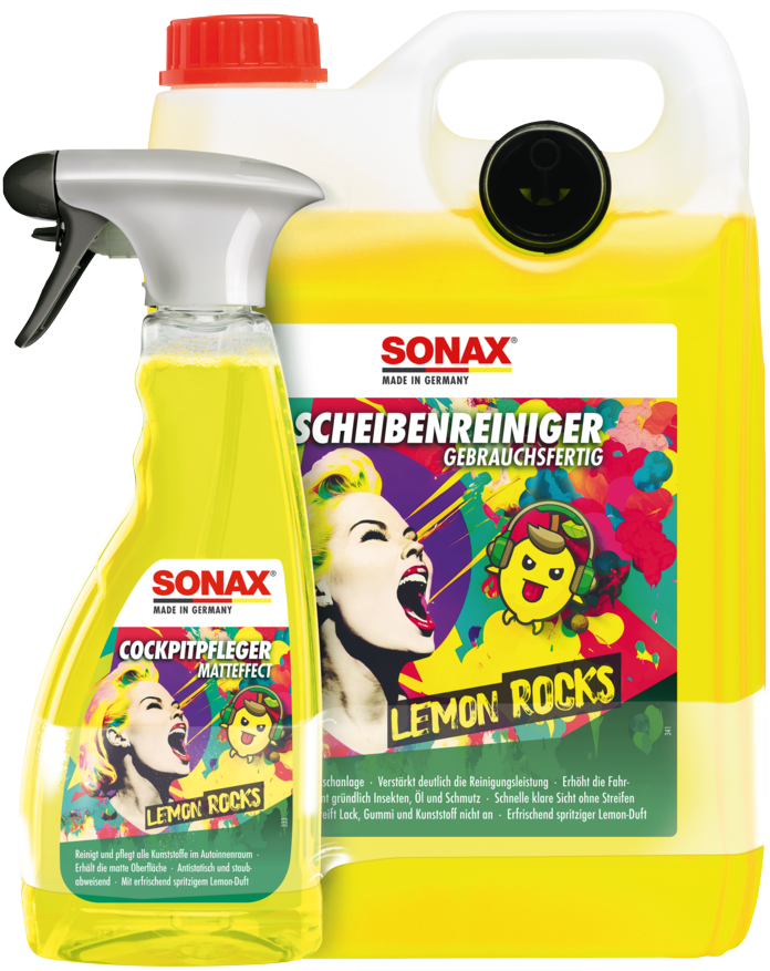 Sonax Lemon Rocks Aktions-Set 2tlg. ScheibenReiniger gebaruachsfertig 5l Kanister+CockpitPfleger Matteffect 500ml PET-Sprühflasche