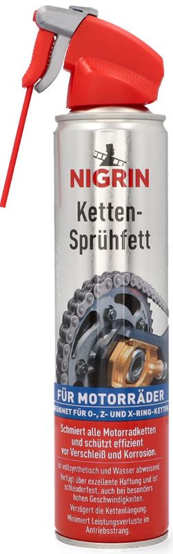 Nigrin Ketten-Sprühfett 400ml Sprühflasche mit Sprührohr, für Motorräder (O-, Z- & X-Ring-Ketten)