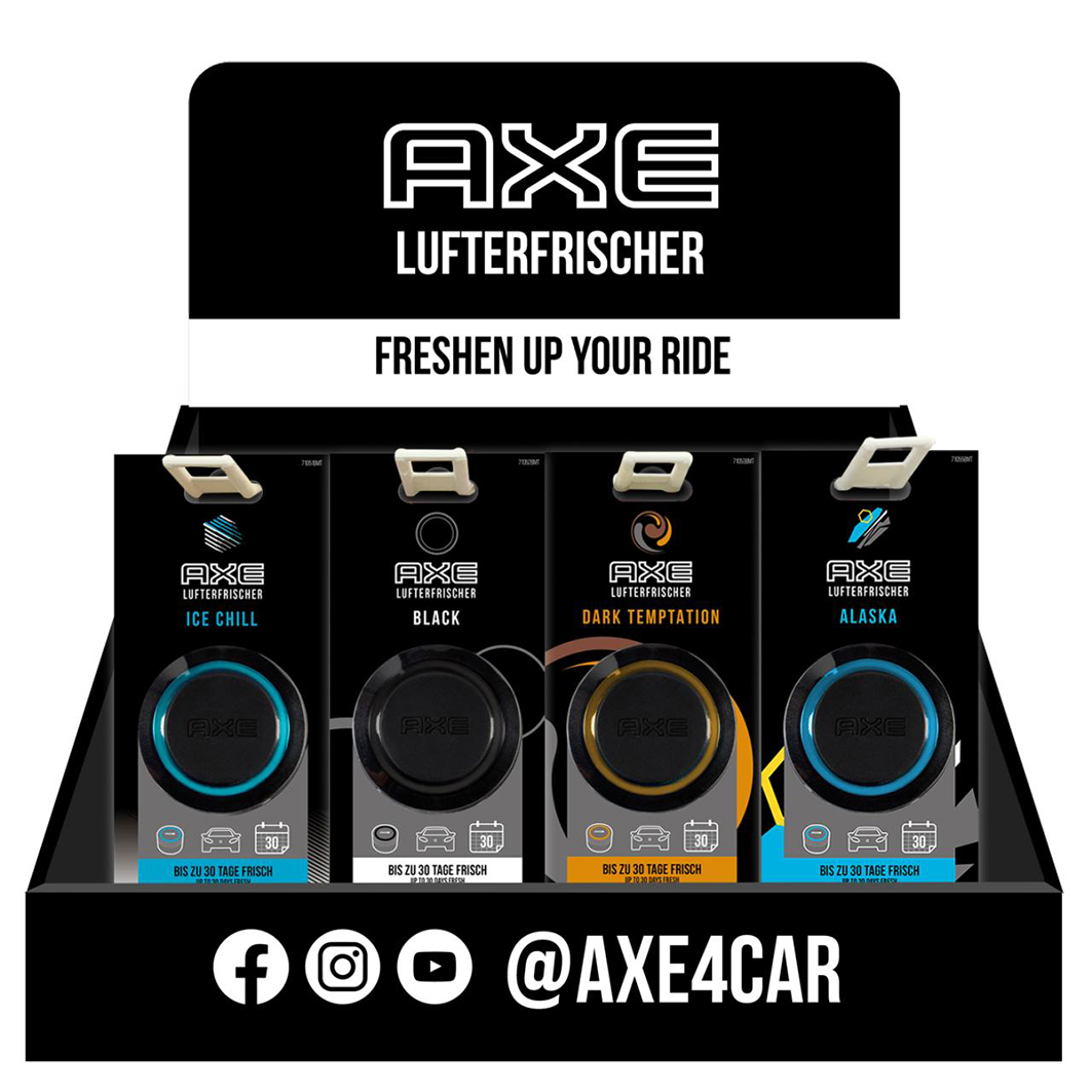 Der Axe Auto Lufterfrischer-Ice Chill sorgt für einen süßen und fruchtigen  Duft im Auto.