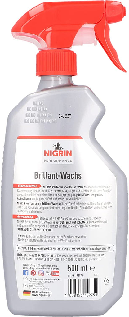 Nigrin Performance Brillant-Wachs Detailer für alle glatten Oberflächen in 500ml Sprühflasche