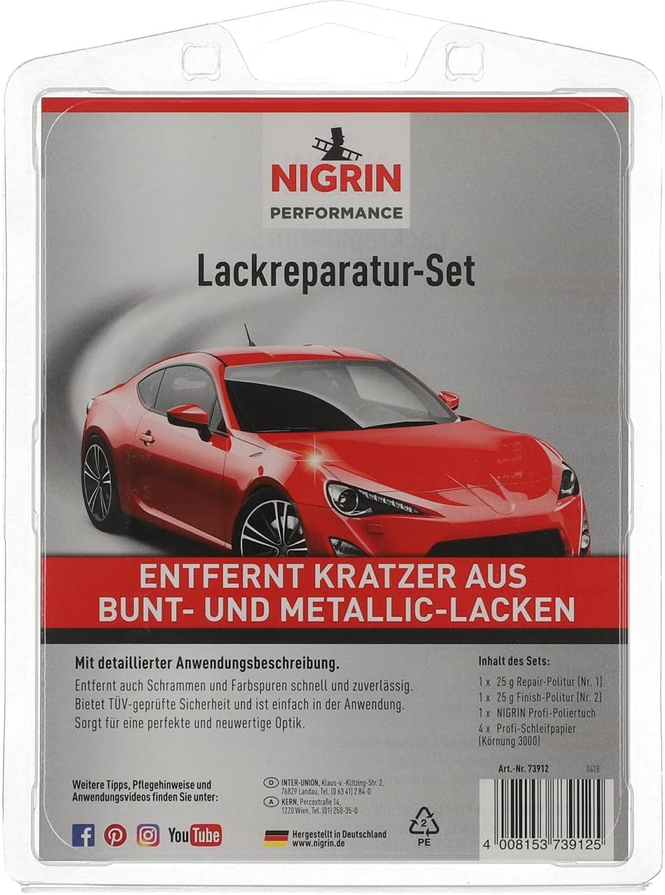 Nigrin Performance Lack-Reparatur-Set 6tlg. (1x Repair-Politur, 1x Finish-Politur, 4x Profi-Schleifpapier)