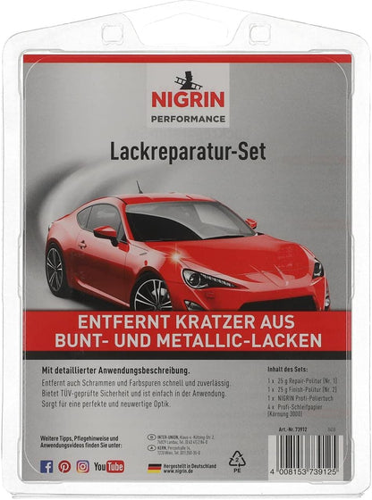 Nigrin Performance Lack-Reparatur-Set 6tlg. (1x Repair-Politur, 1x Finish-Politur, 4x Profi-Schleifpapier)