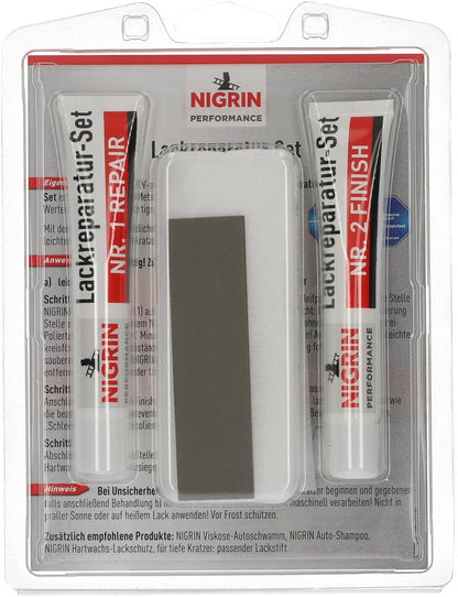 Nigrin Performance Lack-Reparatur-Set 6tlg. (1x Repair-Politur, 1x Finish-Politur, 4x Profi-Schleifpapier)