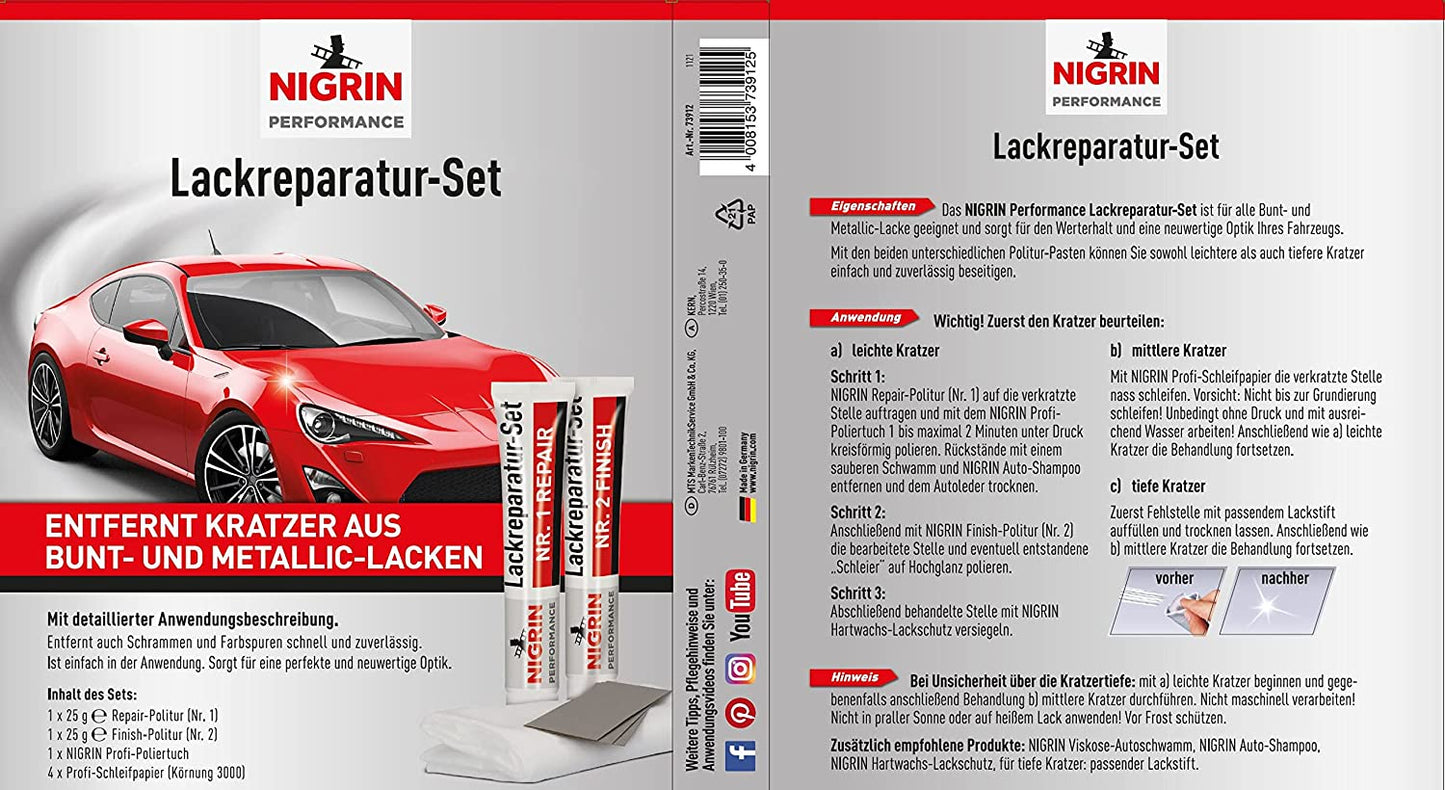 Nigrin Performance Lack-Reparatur-Set 6tlg. (1x Repair-Politur, 1x Finish-Politur, 4x Profi-Schleifpapier)