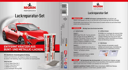 Nigrin Performance Lack-Reparatur-Set 6tlg. (1x Repair-Politur, 1x Finish-Politur, 4x Profi-Schleifpapier)