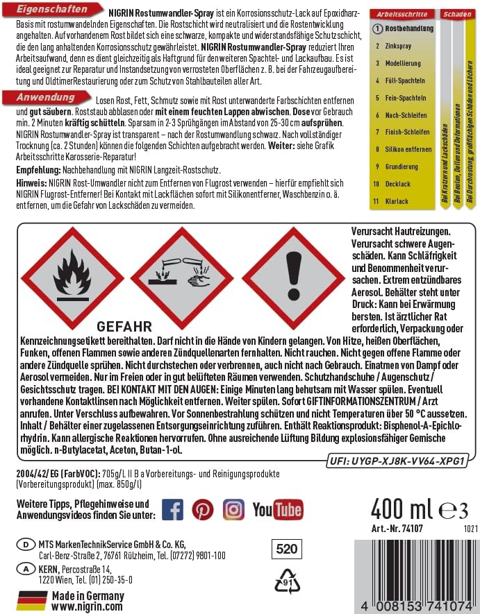 Nigrin Rostumwandler-Spray auf Epoxidharz-Basis in 400ml Spraydose