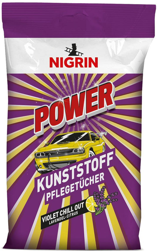Nigrin POWER Kunststoffpflege-Tücher Violet Chill Out je 20 Tücher im wiederverschließbaren Flatpack im 20er T-Dsp.