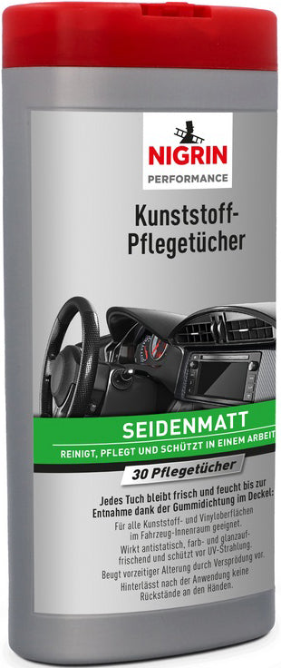Nigrin Kunststoff-Pflegetücher Matt reinigt, pflegt und schützt alle Kunststoff- und Vinyloberflächen im Fahrzeug-Innenraum; 30 Stück in Kunststoff-Box mit Gummidichtung im Deckel