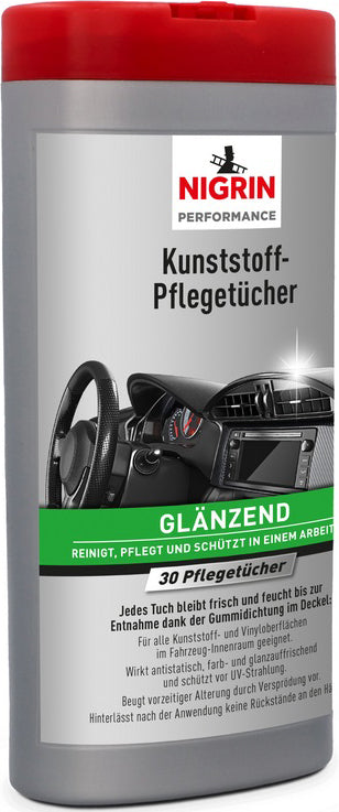 Nigrin Kunststoff-Pflegetücher Glänzend reinigt, pflegt und schützt alle Kunststoff- und Vinyloberflächen im Fahrzeug-Innenraum; 30 Stück in Kunststoff-Box mit Gummidichtung im Deckel