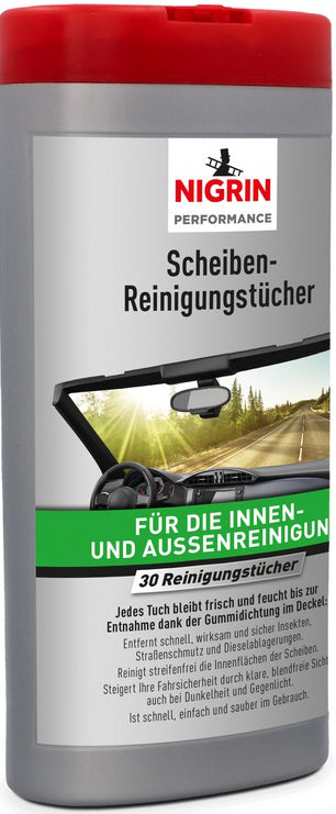 Nigrin Scheiben-Reinigungstücher für Innen & Außen, reinigt streifenfrei; 30 Stück in Kunststoff-Box mit Gummidichtung im Deckel