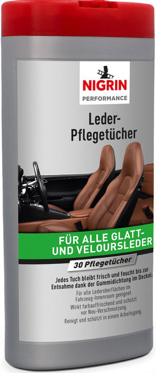 Nigrin Leder-Pflegetücher wirkt farbauffrischend & schützend für alle Glatt- & Verloursleder; 30 Stück in Kunststoff-Box mit Gummidichtung im Deckel