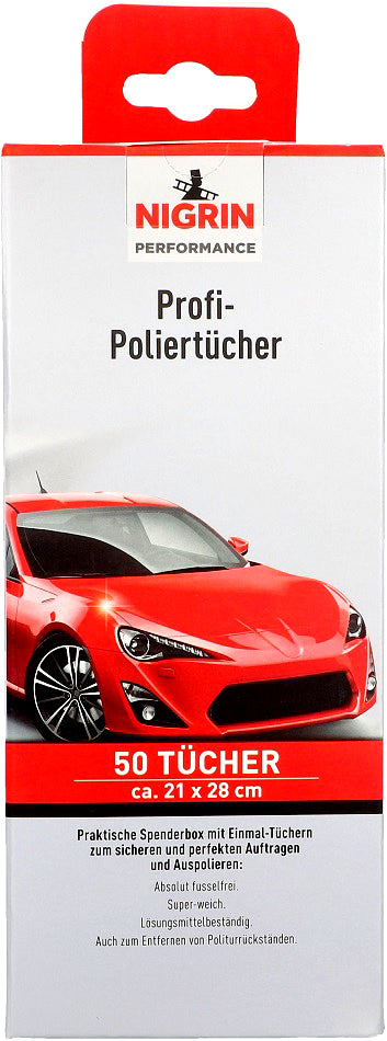 Nigrin Performance Profi-Polier-Tücher, absolut fusselfrei, super-weich & lösungsmittelbeständig, auch zum Entfernen von Politurrückständen 50 Stk. in praktischer Spenderbox