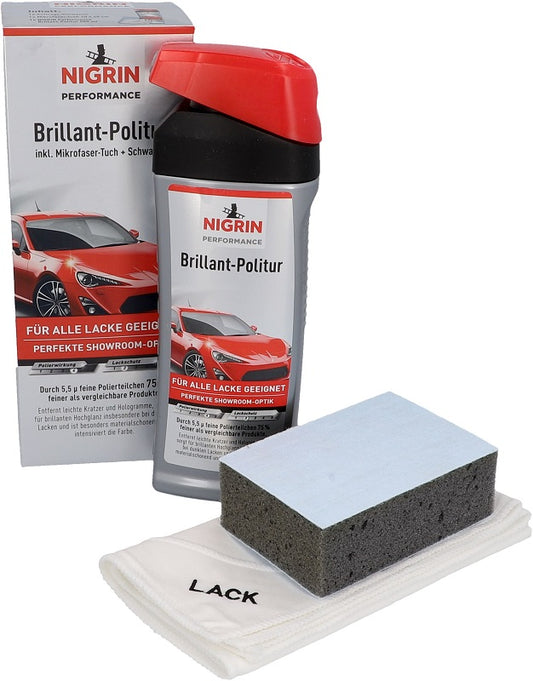 Nigrin Performance Brillant-Politur Set 3tlg. 500ml Politur + Mikrofaser-Tuch + Schwamm