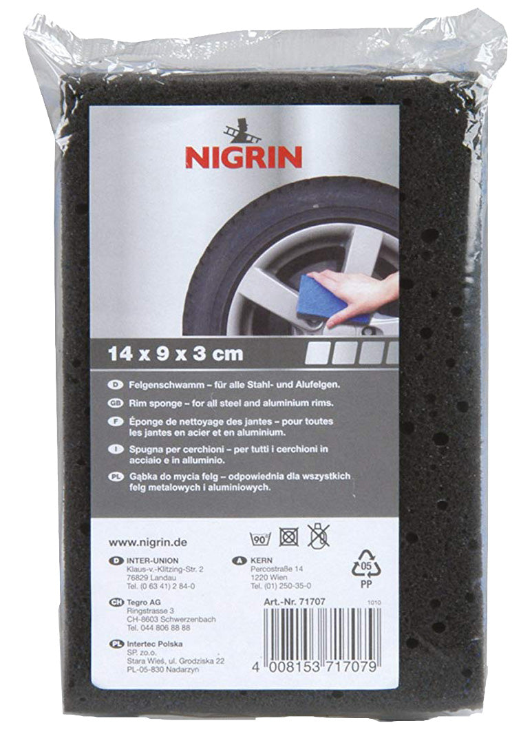 NIGRIN Felgen-Schwamm Scheuerseite&Schwammseite Robust und saugstark für alle Stahl und Alufelgen 7,5 x 13 x 2,2 cm